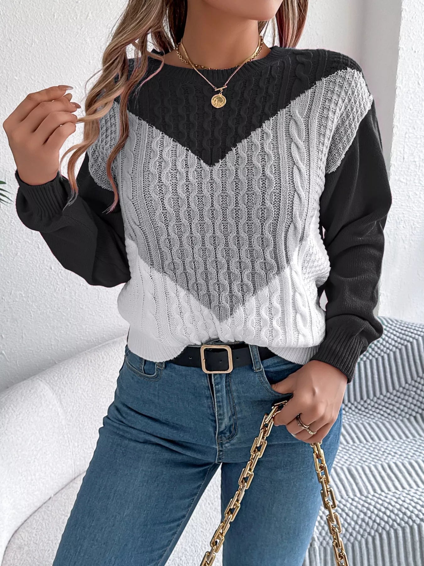 Color Block Cable Knit Sweater