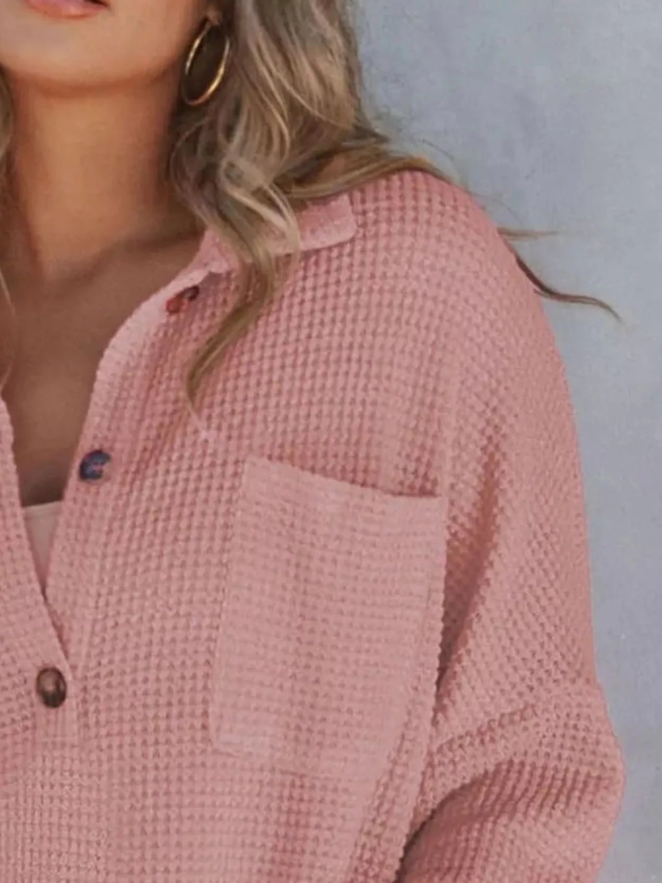 Casual Waffle Knit Button Detail Blouse