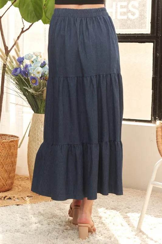 ADORA Waist Band Tiered Denim Maxi Skirt