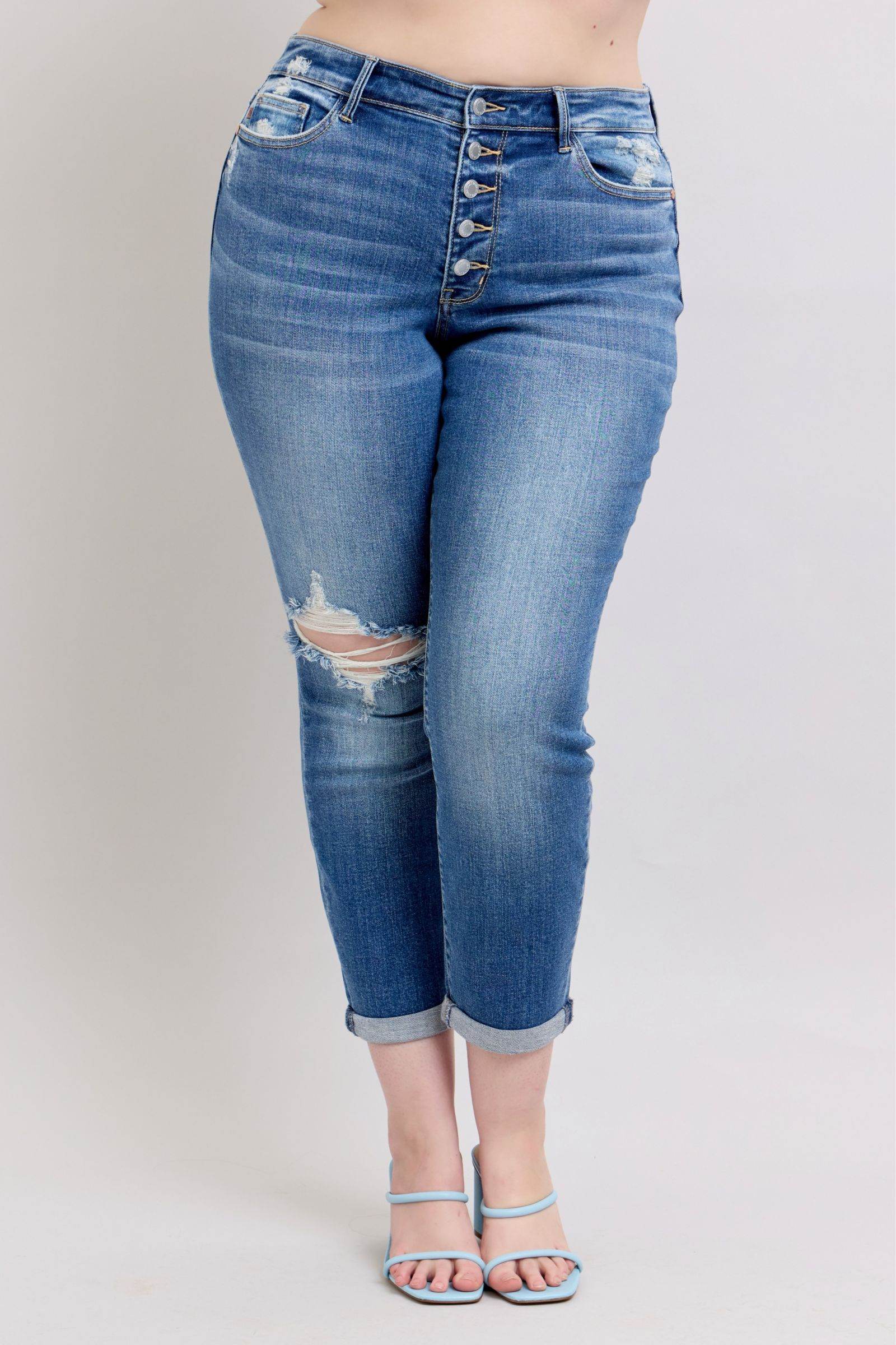 Judy Blue Full Size Button Fly Distressed Jeans with Pockets Plus Size