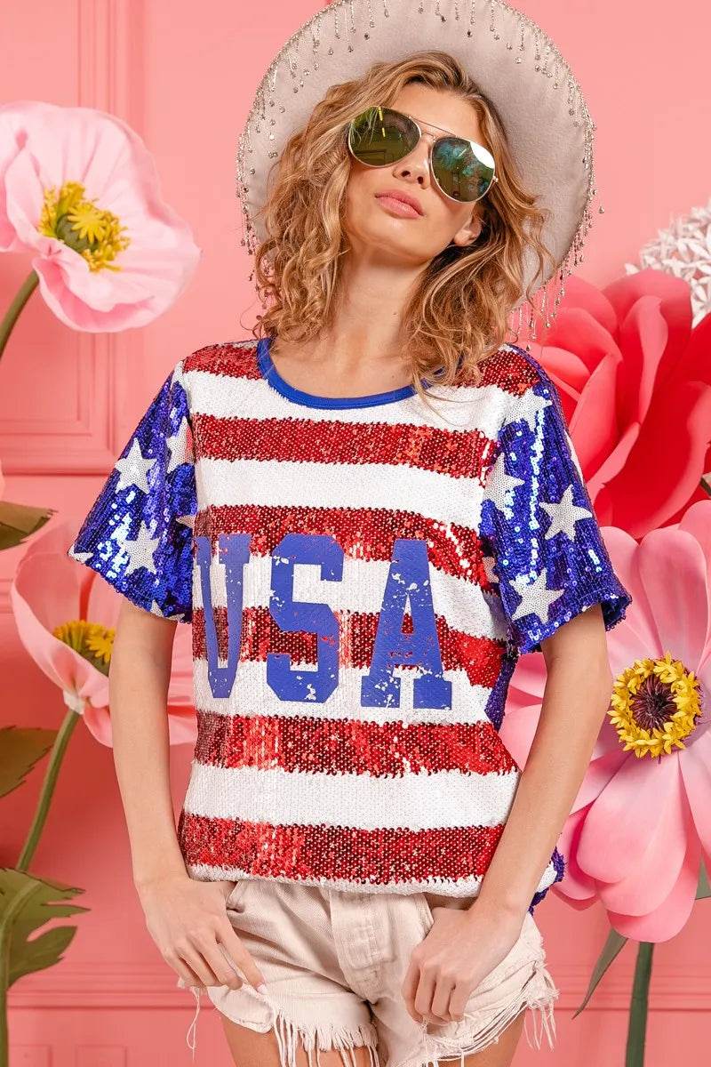 BiBi American Flag Theme USA Lettering Sequin Top