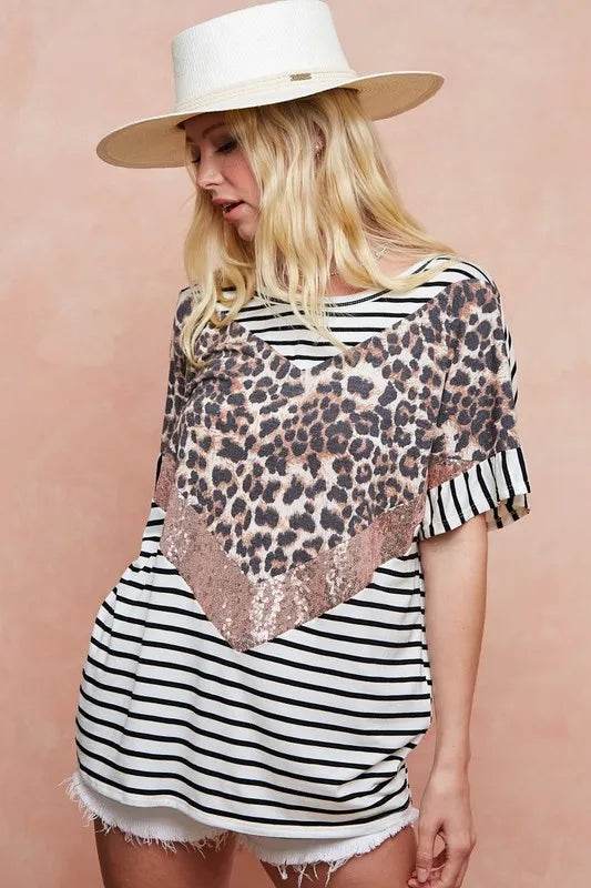 BiBi Stripe Rayon Span Knit Color Block Top With Leopard