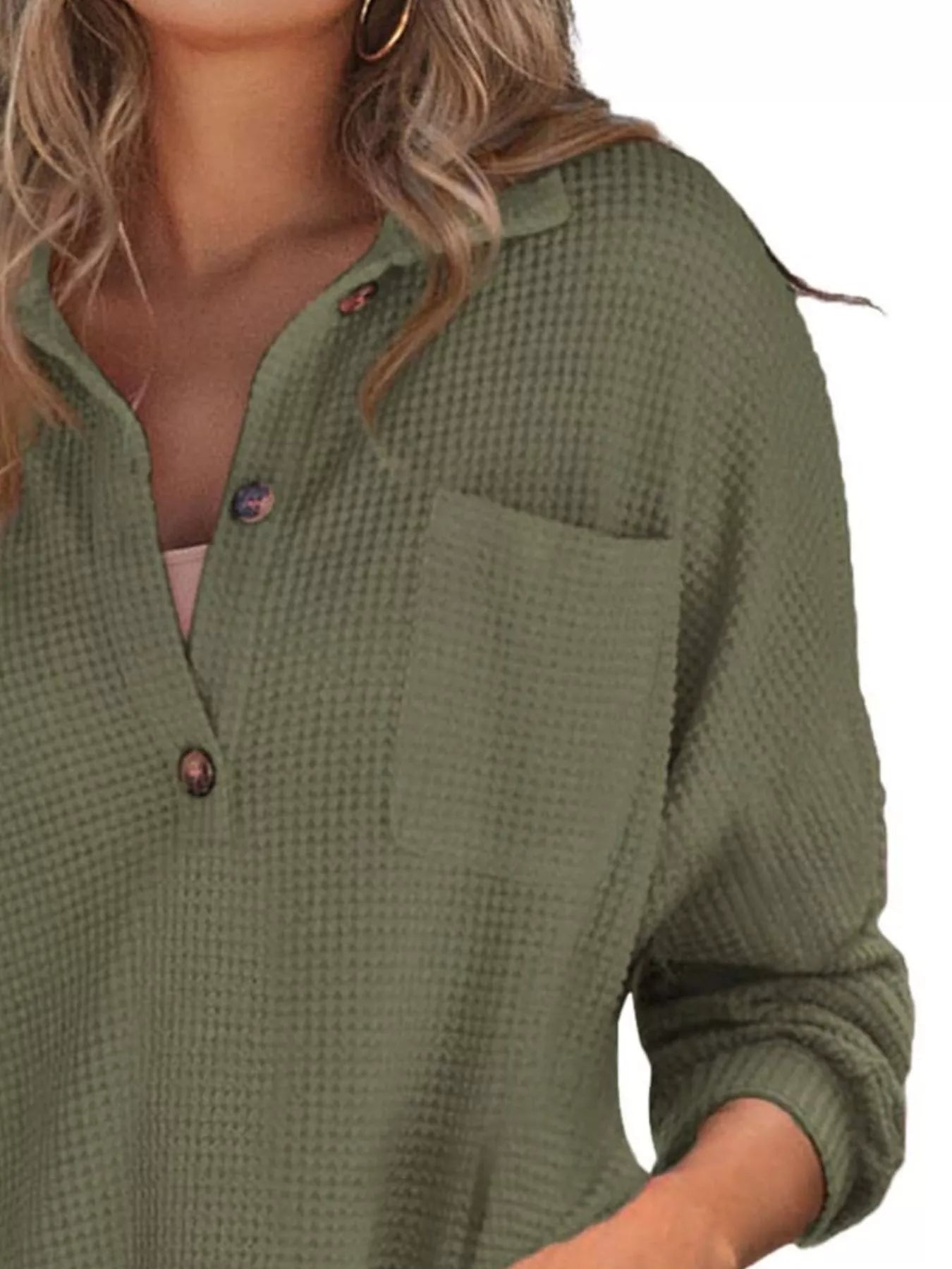 Casual Waffle Knit Button Detail Blouse