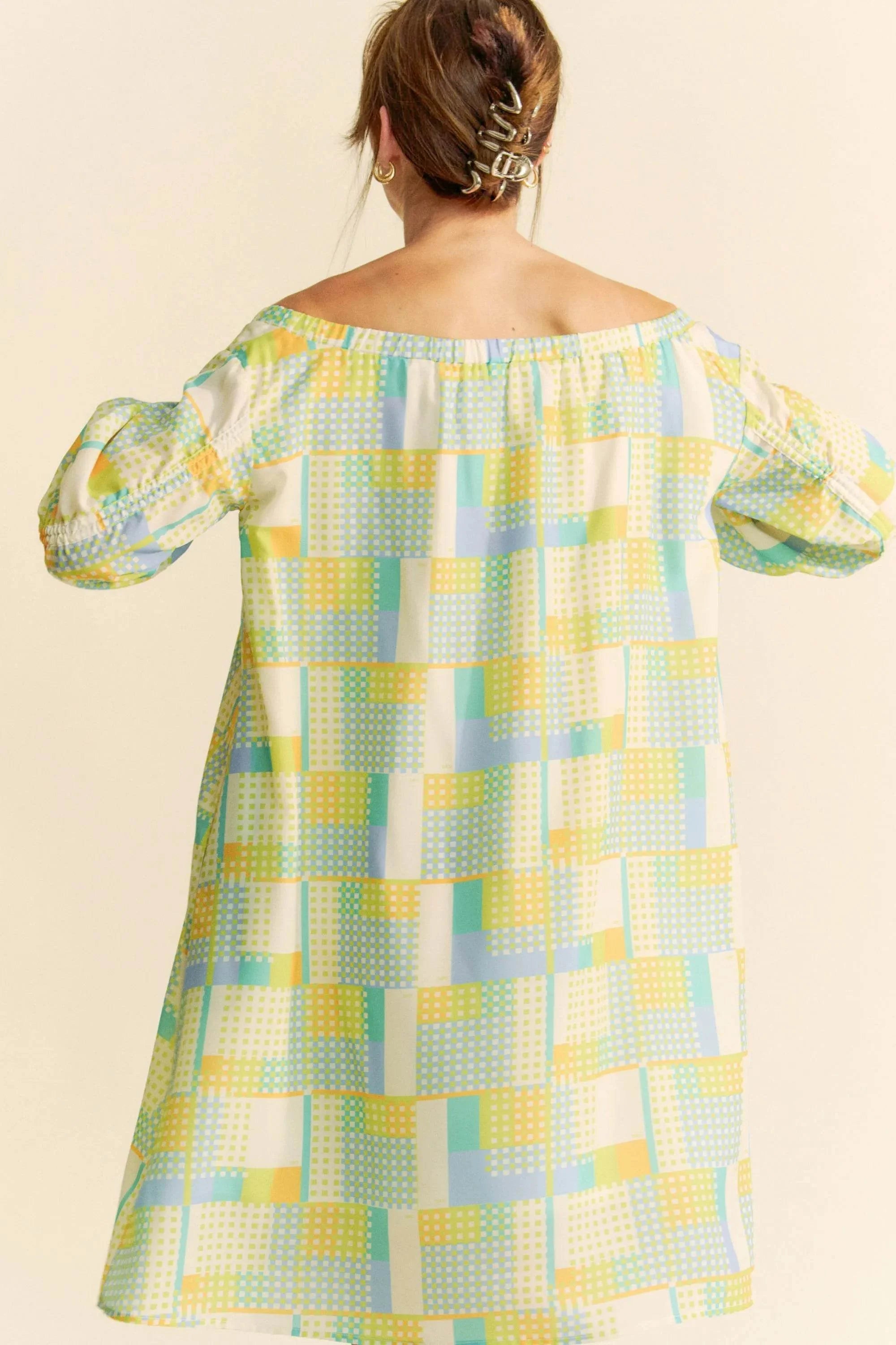 Davi & Dani Printed Off Shoulder Drawstring Sleeve Mini Dress