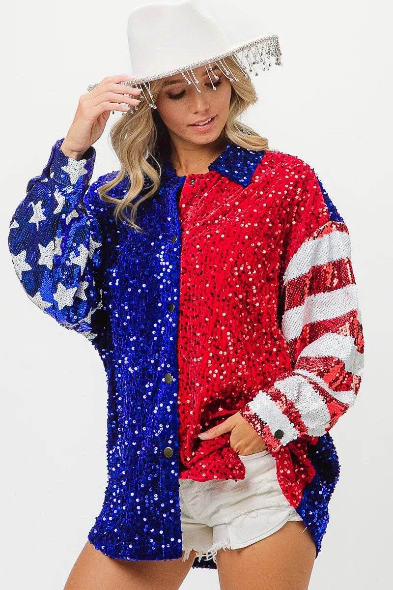 BiBi American Flag Sequin Snap Down Shirt