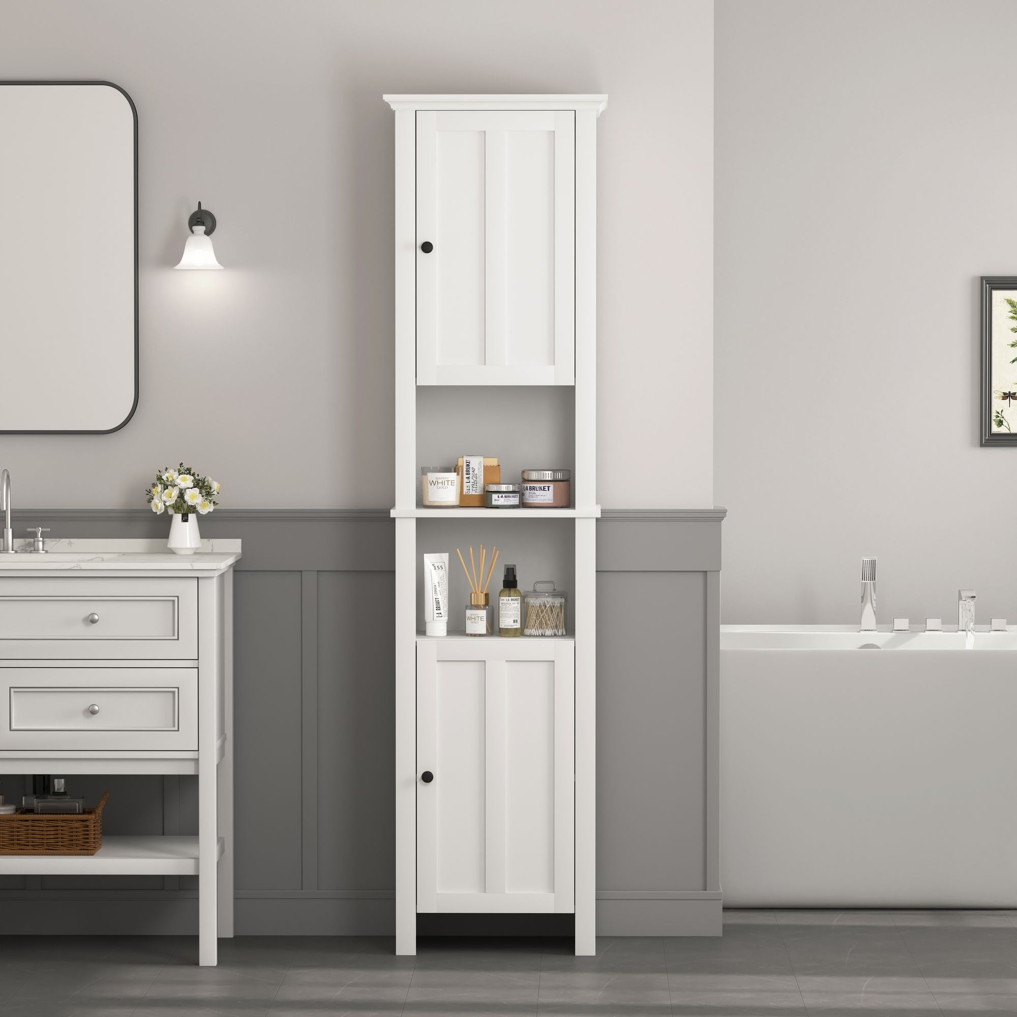 Bathroom Floor Storage Cabinet with 2 Doors Living Room Wooden Cabinet with 6 Shelves 15.75 x 11.81 x 66.93 inch