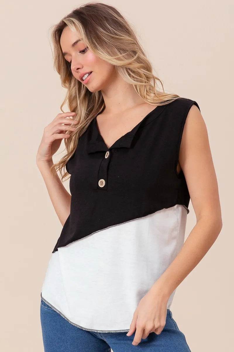 BiBi Color Block Contrast Stitching Buttoned Henley Top