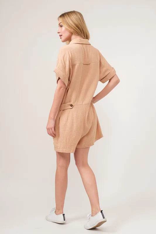 And The Why Washed Gauze Roll-up Sleeve Comfort Utility Romper