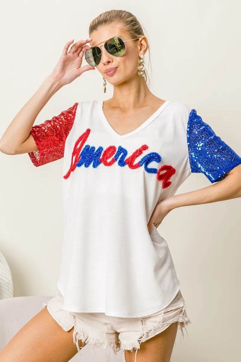 BiBi Metallic Letter V-neck Sequin Sleeves Top