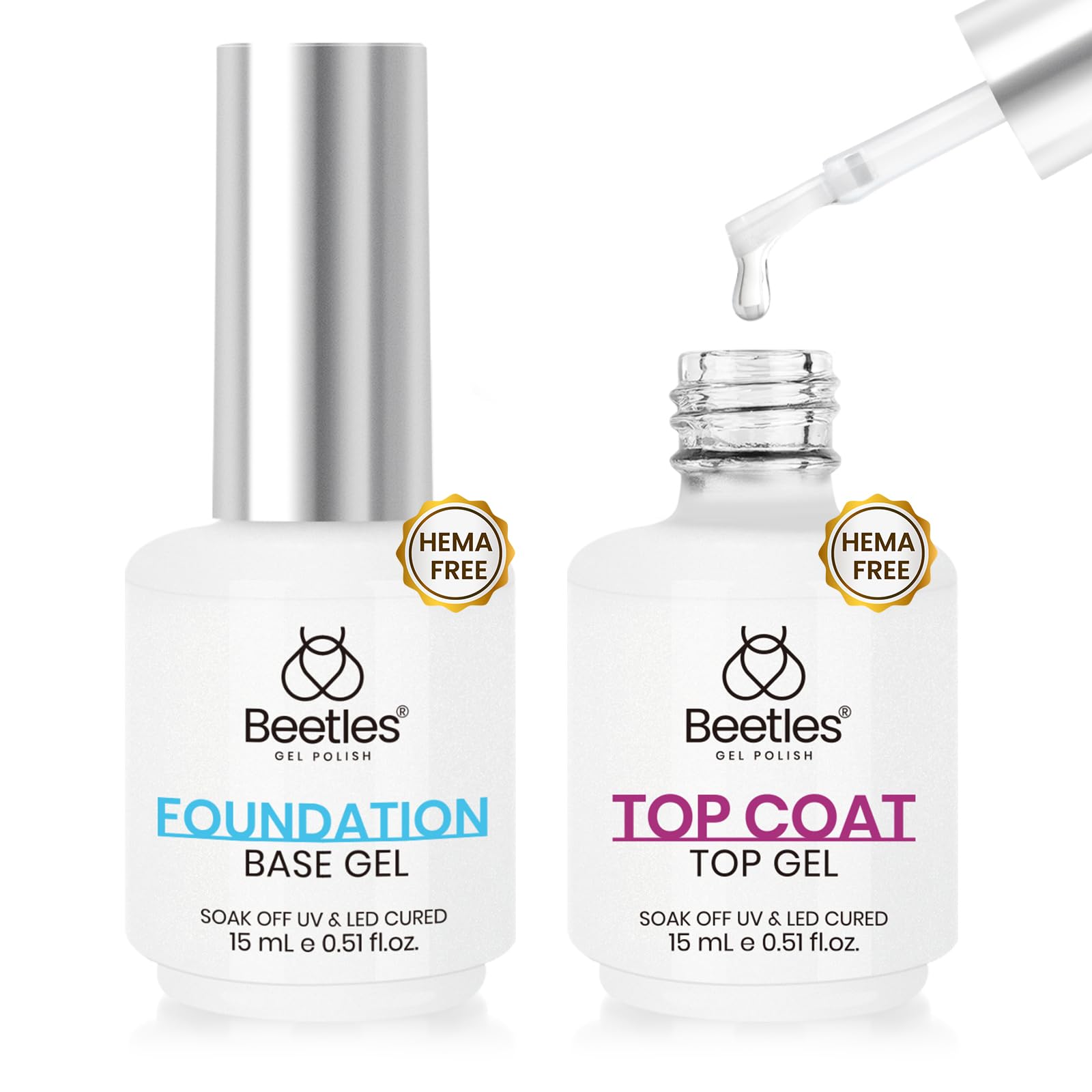 Beetles 2 Pcs 15ml No Wipe Gel Top Coat and Base Coat Set - Shine Finish and Long Lasting, Soak Off LED Nail Lamp Gel Base Top Coat Finish Nail Art Design Manicure Gifts for Women