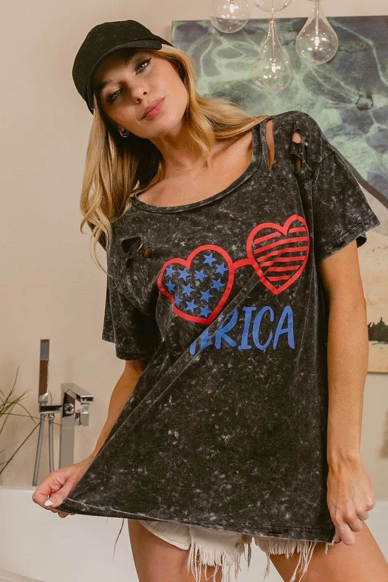 BiBi 4th Of July Theme Mineral Washed Laser Cut Top