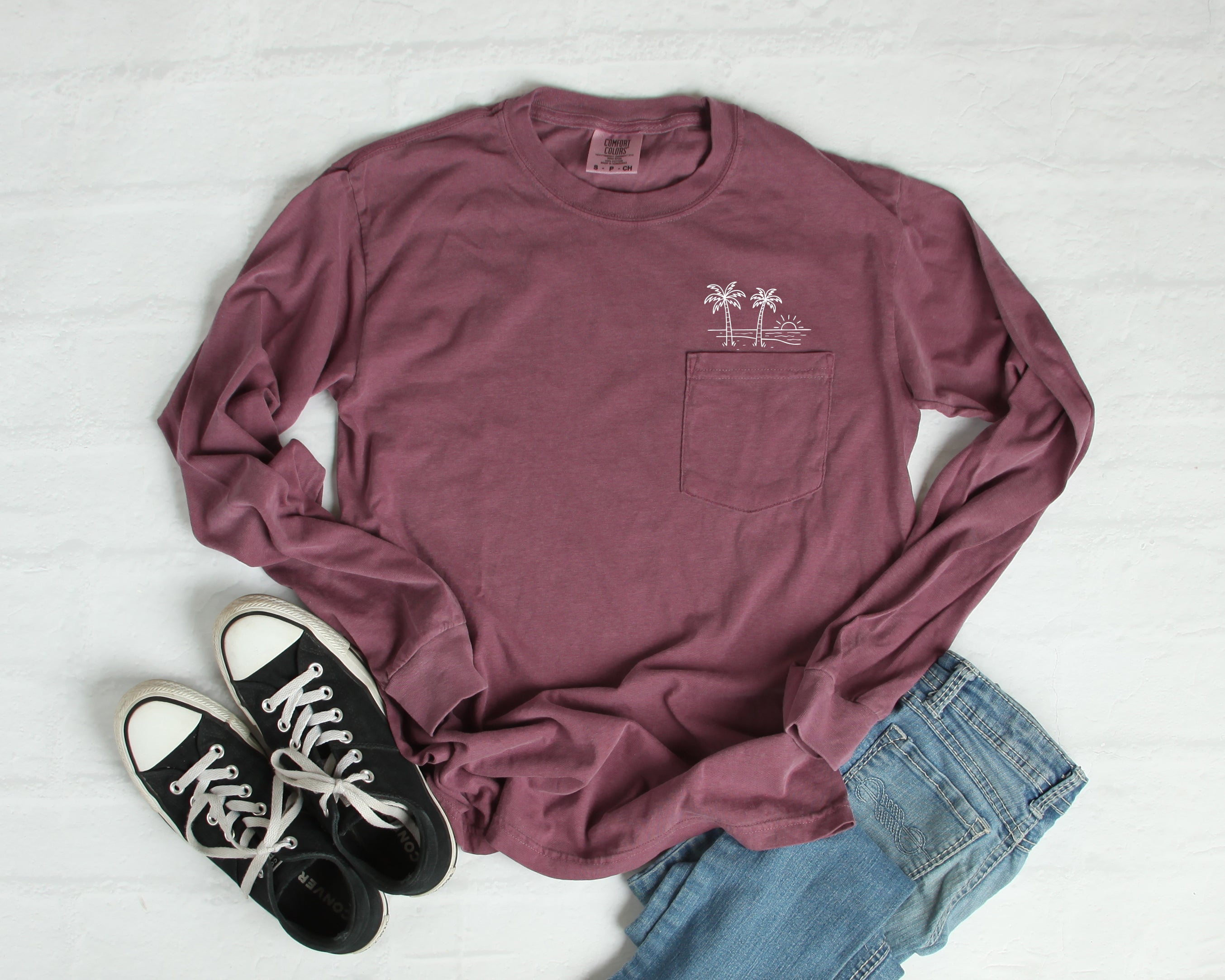 Comfort Colors Palm Tree Sun Wave Lake Beach Vacation Pocket Long Sleeve Shirt