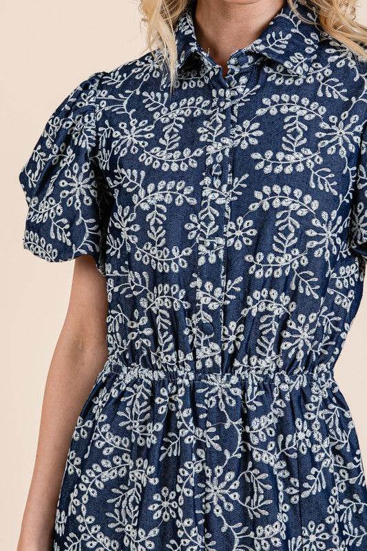 GeeGee Natural Leaf Pattern Eyelet Lace Puff Sleeve Dress