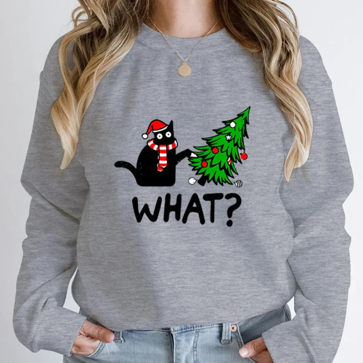 "What?" Black Cat Christmas Tree Sweatshirt