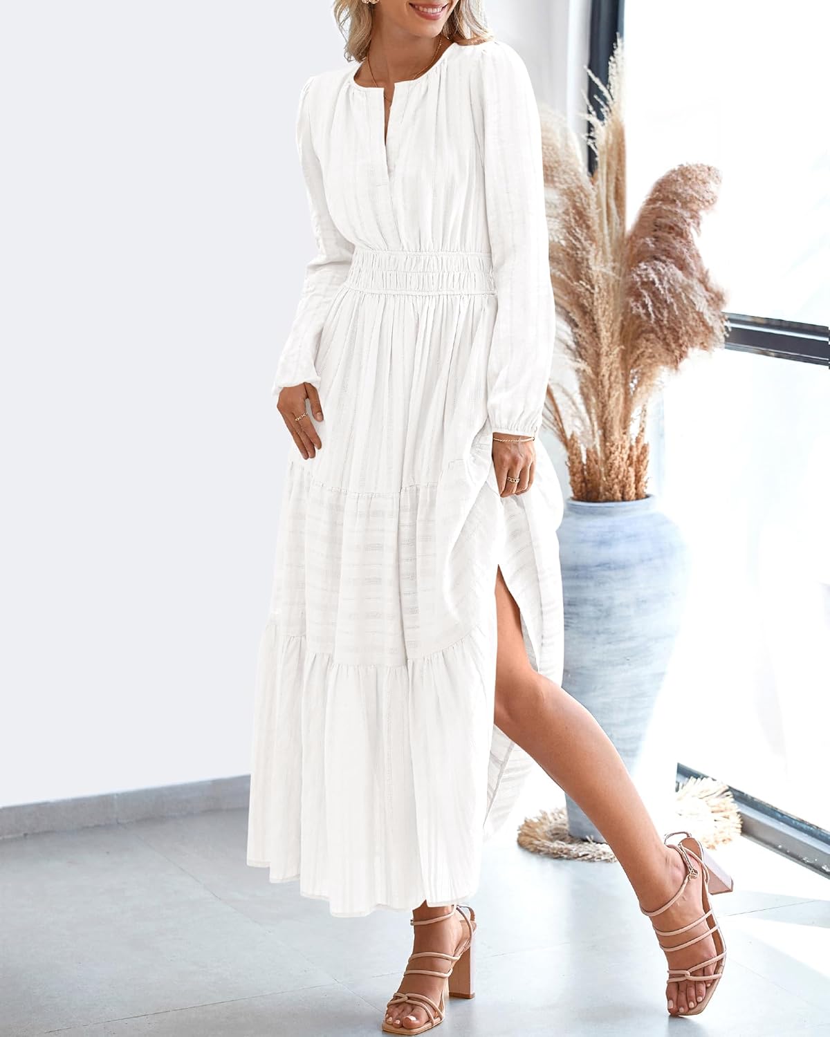 BTFBM Fall Dresses for Women 2025 Casual Long Sleeve V Neck Elastic Waist Lightweight Maxi Wedding Guest Dress Pockets