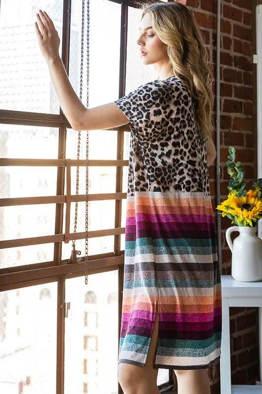 Heimish Full Size Animal Leopard and Stripe Open Cardigan Plus Size