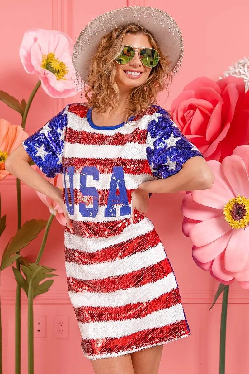 BiBi American Flag Theme Usa Print Sequin Dress