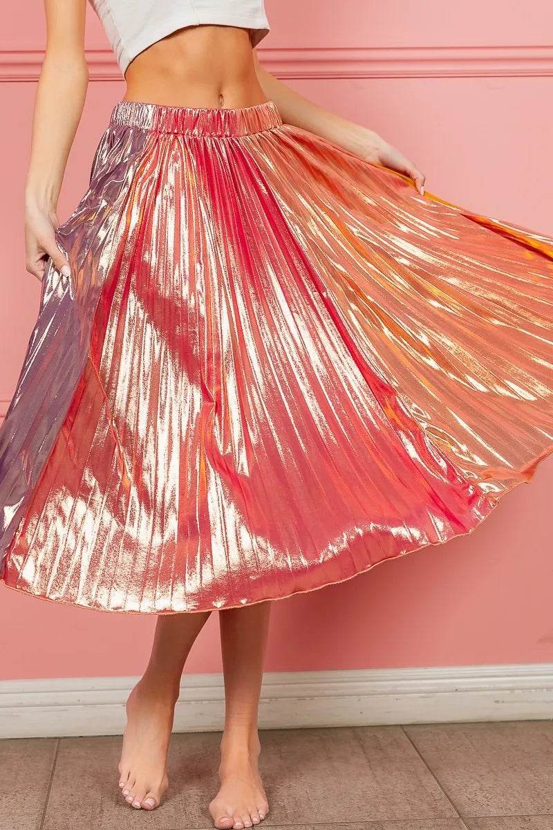 BiBi Metallic Color Block Pleats Midi Skirt