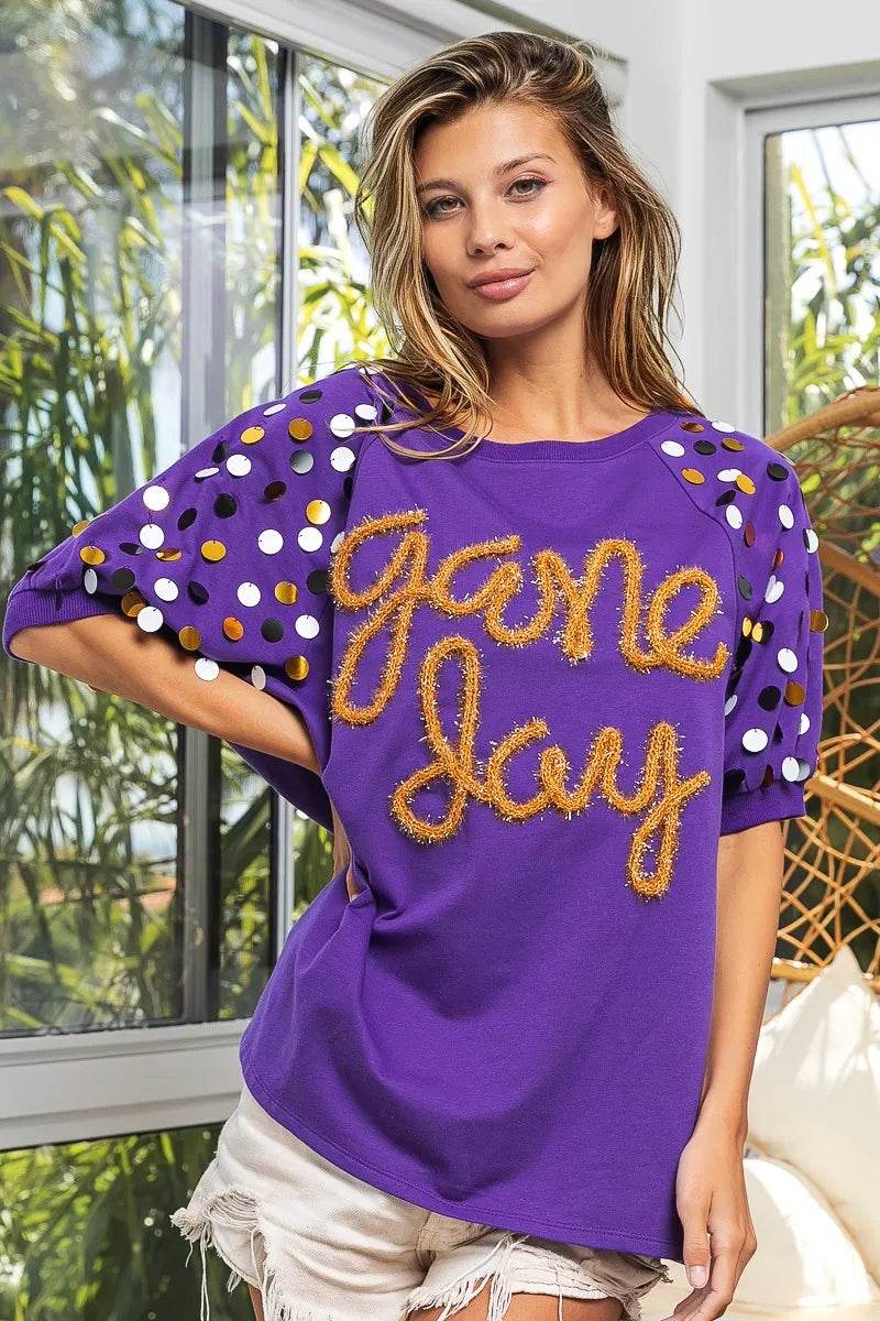 BiBi Game Day Metallic Letter Spangle Sleeve Top
