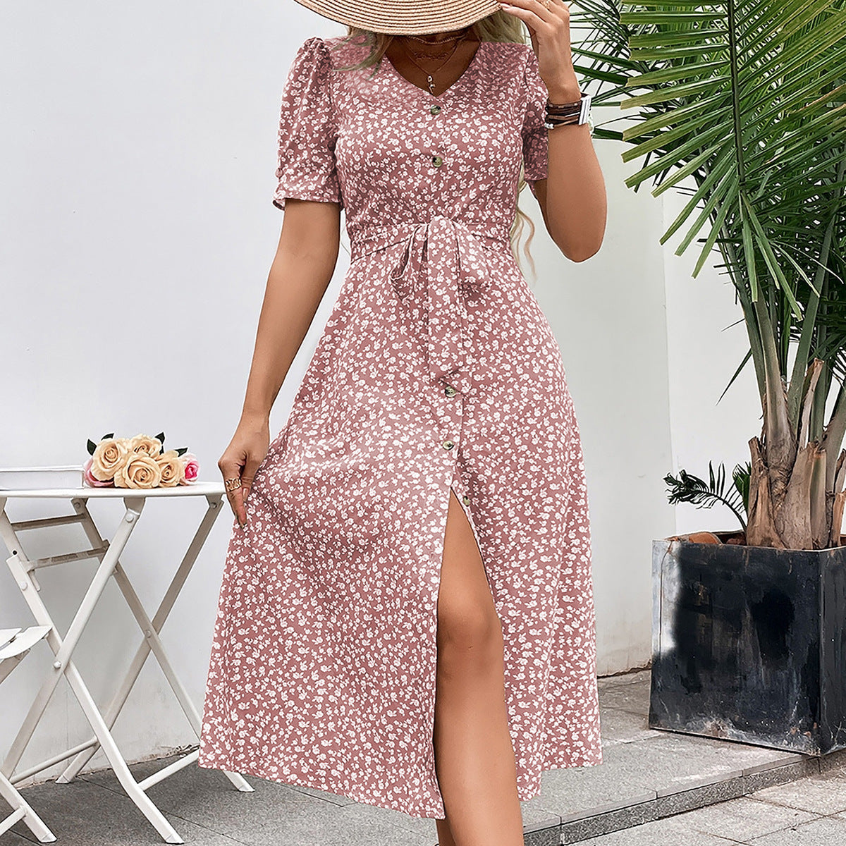 Women's Temperament Commute Casual Vacation Style Printed Knotted Dress