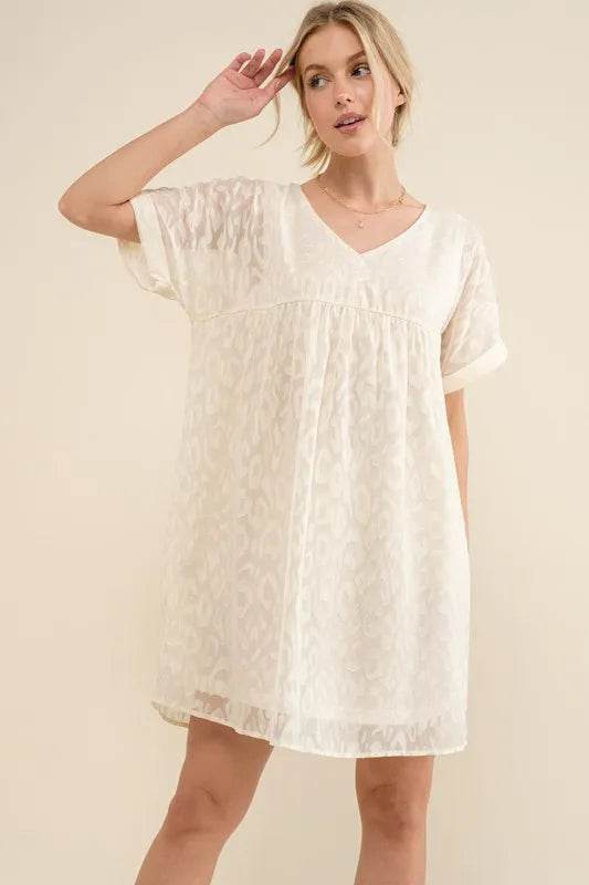 And The Why Woven Leopard Baby Doll Roll-Sleeve Casual Dress