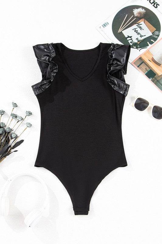 Ruffle Patchwork Ribbed V Neck Bodysuit