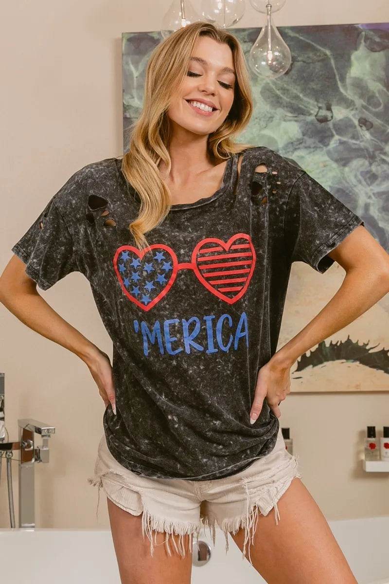 BiBi 4th Of July Theme Mineral Washed Laser Cut Top