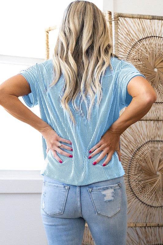 Corded Knit Color Block Pocketed Crew Neck T Shirt