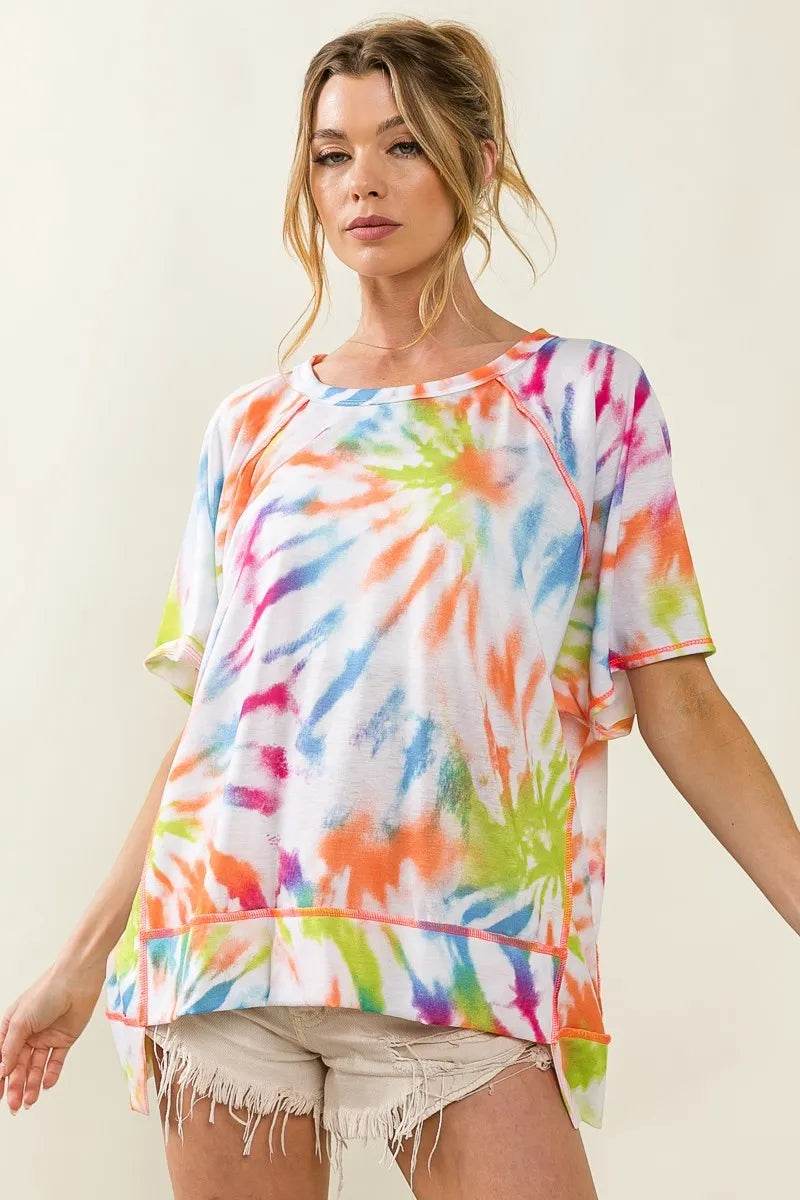 BiBi Tie Dye Print Jersey Stitched Uneven Hem Top