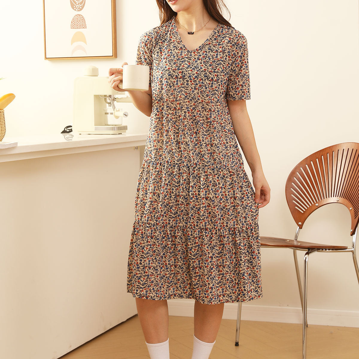 Comfortable Nightdress Women's Short Sleeve Floral Slimming Dress