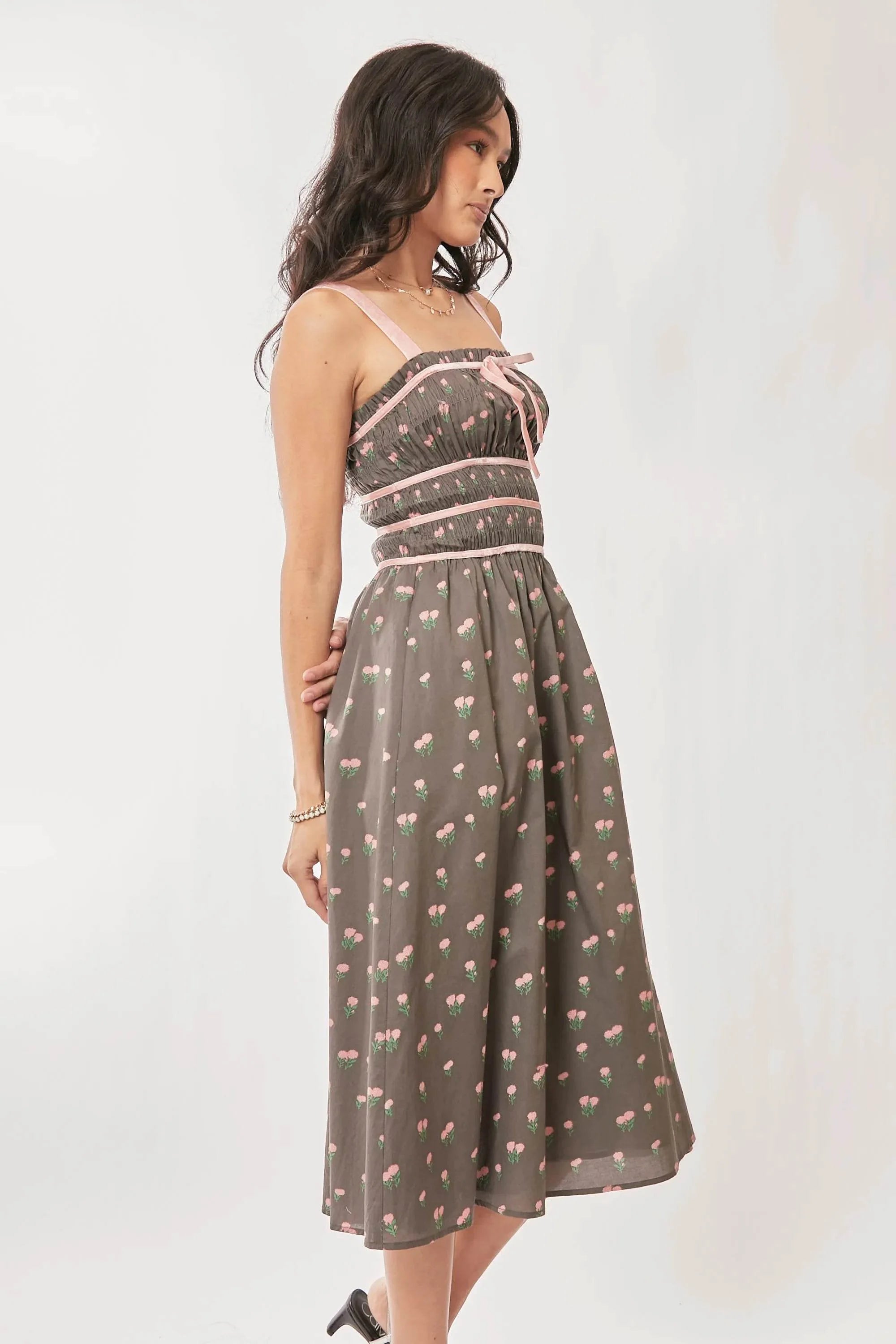 Davi & Dani Contrast Velvet Tape Smocking Bodice Midi Dress