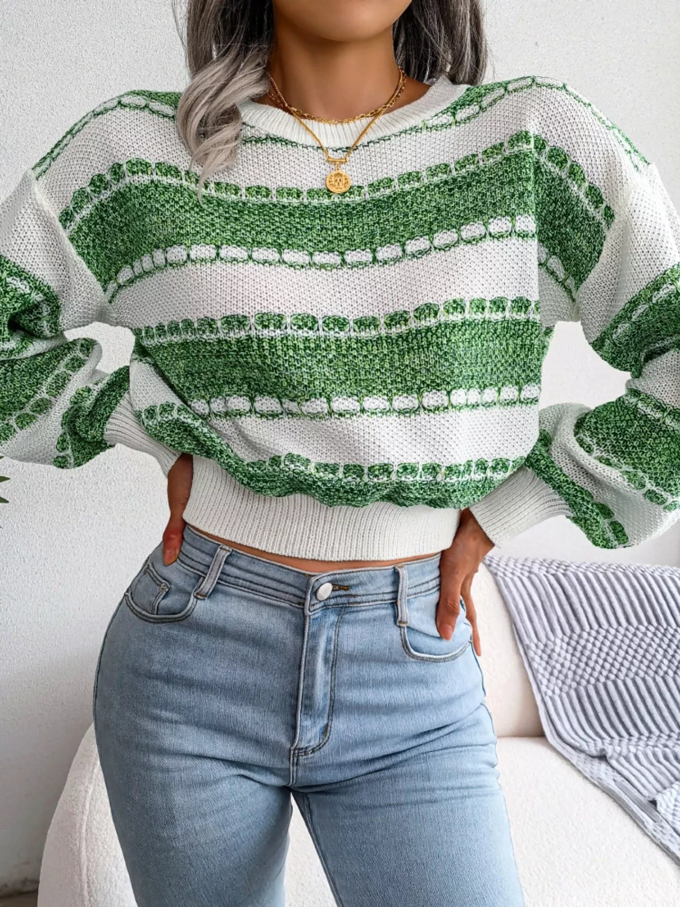 Color Block Round Neck Cropped Sweater