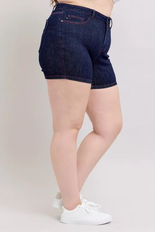 Judy Blue Full Size High Waist Heart Shaped Pkts & Red Contrast Thread Denim Shorts Plus Size