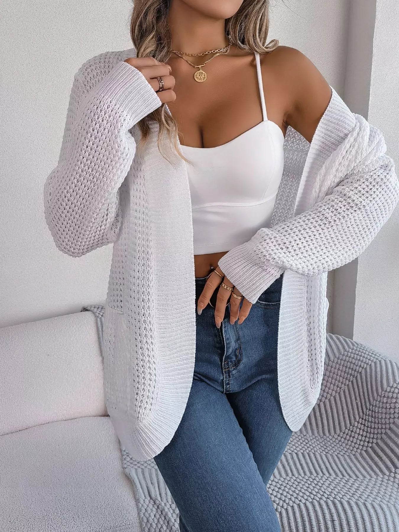 Chunky Knit Open Front Cardigan with Pockets