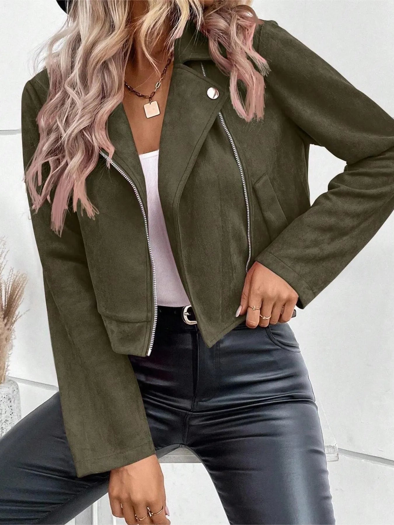 Bold & Bossy Zip-Up Suede Moto Crop Jacket