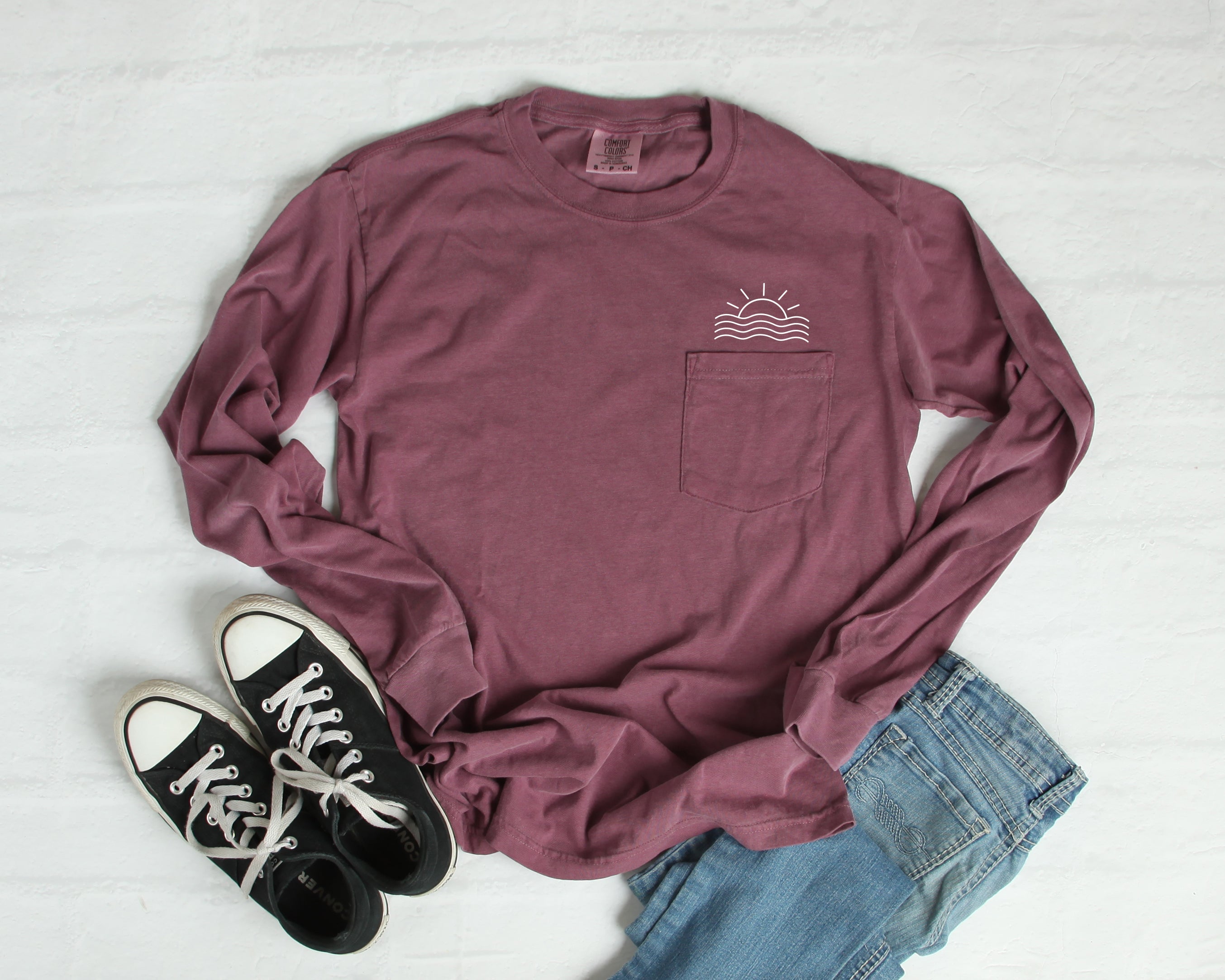 Comfort Colors Sun and Wave Lake Beach Vacation Pocket Long Sleeve Shirt