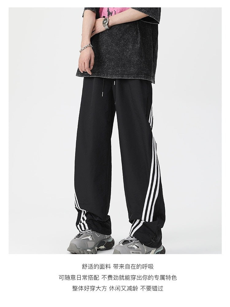 Men's Loose Casual Striped Stitching Wide Leg Track Pants