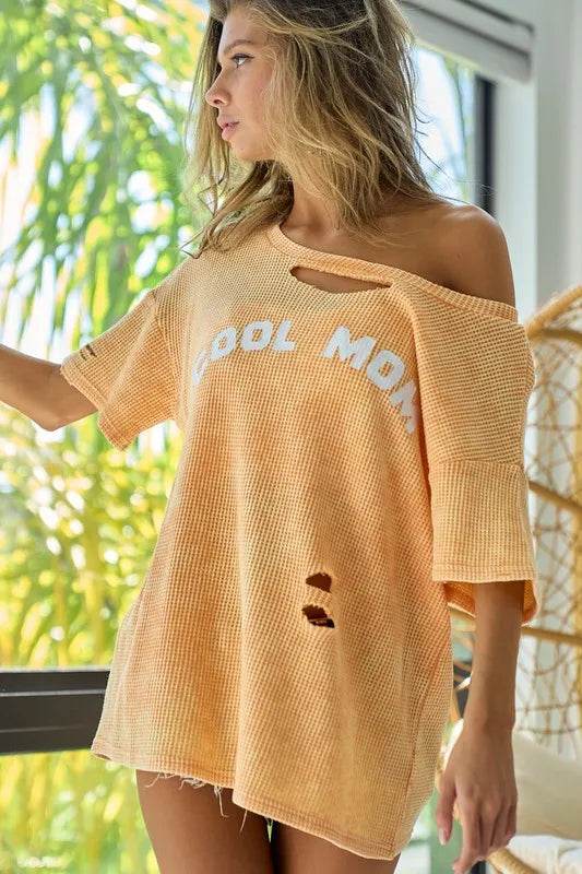 BiBi Washed Laser Cut Detail Cool Mom Print Thermal Top