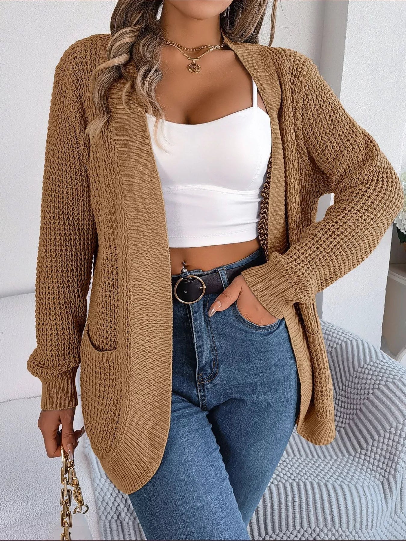 Chunky Knit Open Front Cardigan with Pockets