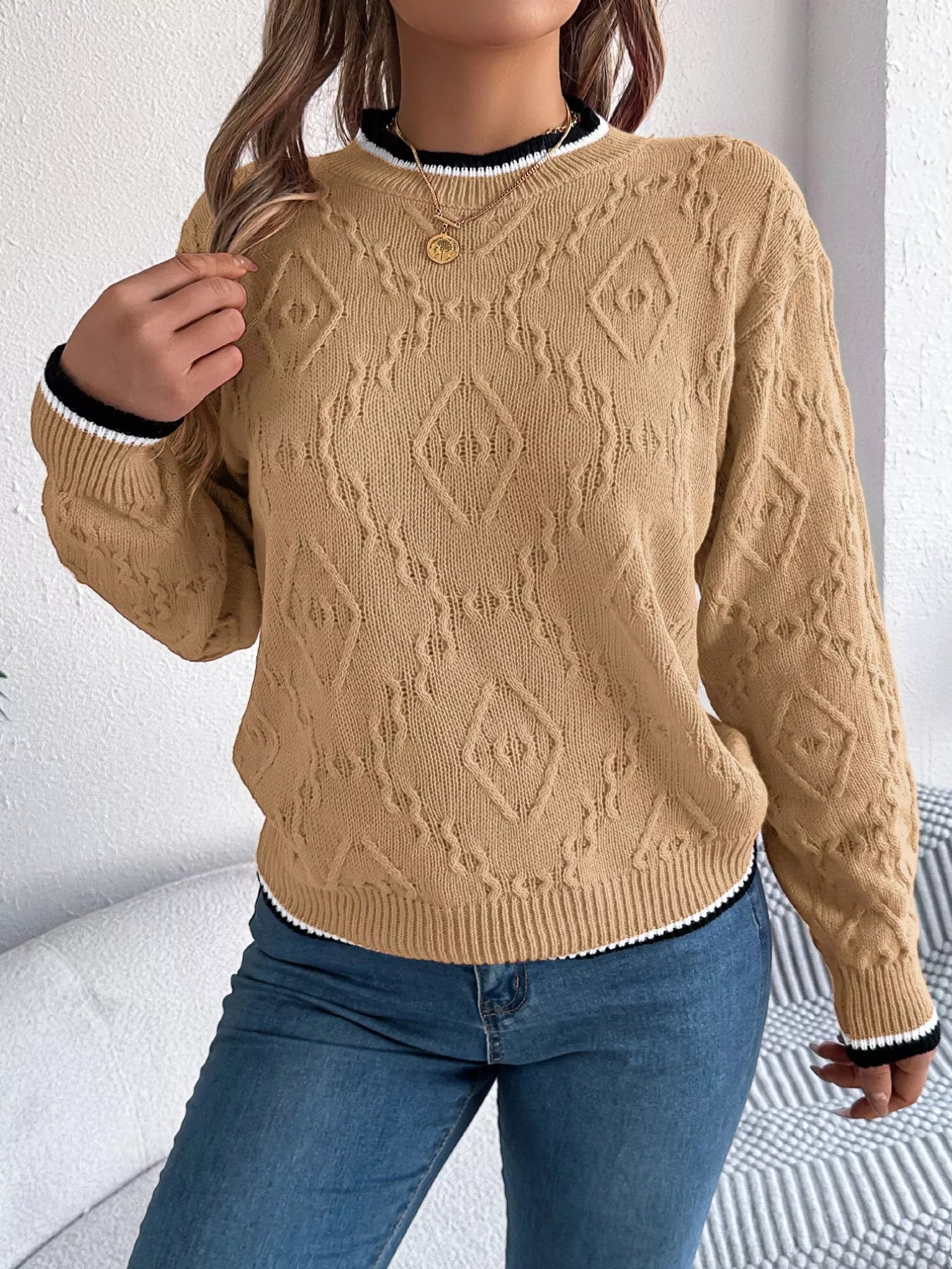 Contrast Trim Round Neck Sweater