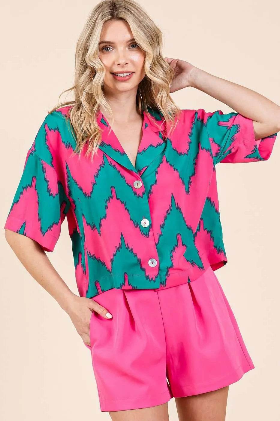 Mittoshop Chevron Print Short Sleeve Crop Shirt