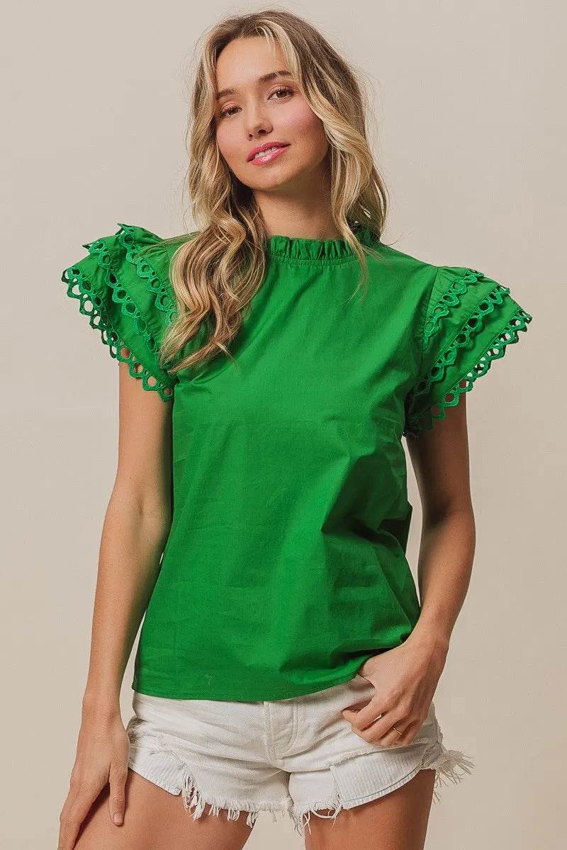 BiBi Solid Woven Circle Trim Ruffle Top