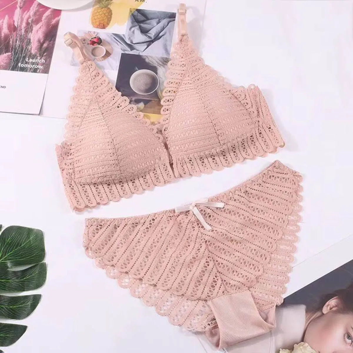 Lace Front Closure Bra With Panties Set