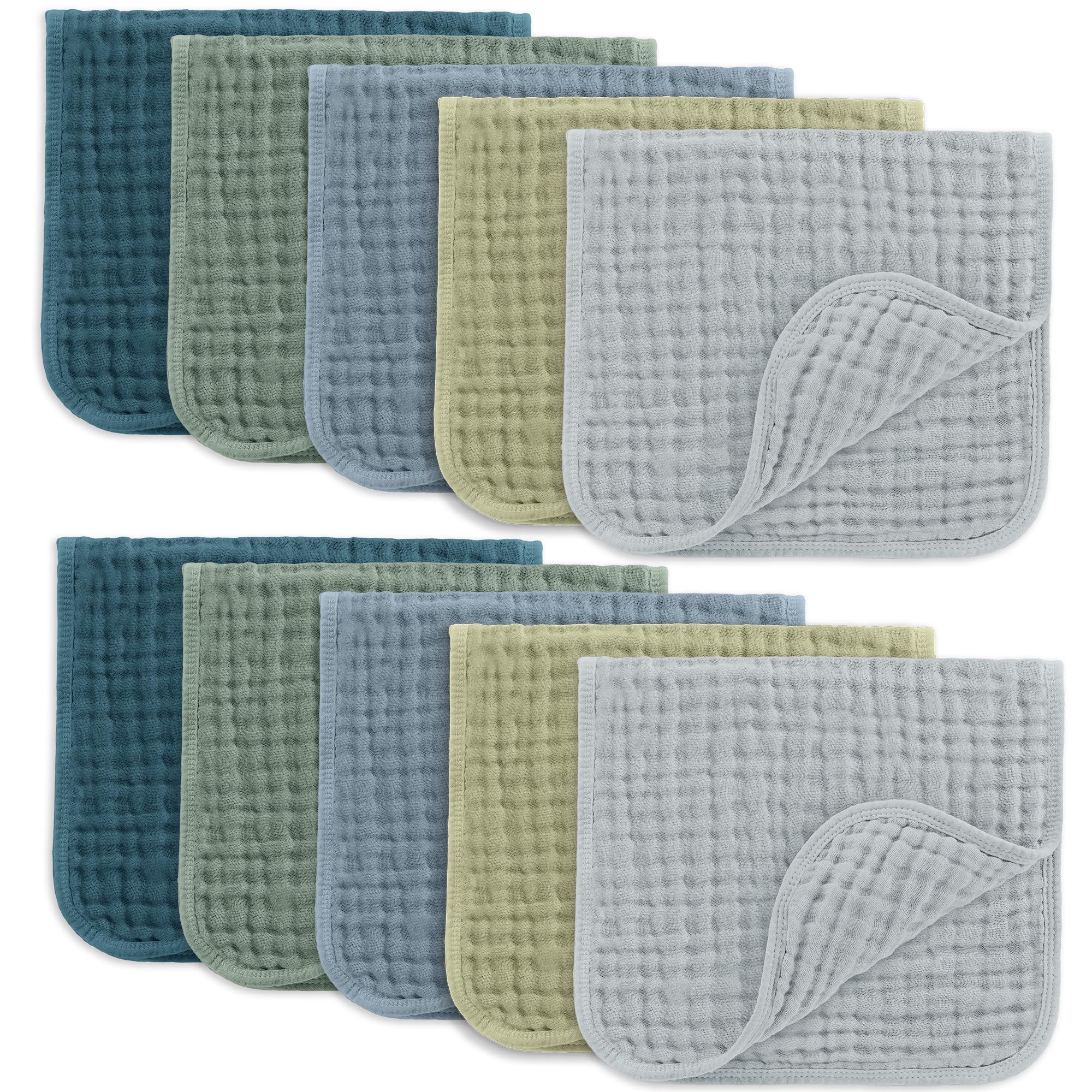 Comfy Cubs Muslin Burp Cloths 20" x 10", Pack of 10 - Large, 6-Layer, Ultra Absorbent 100% Cotton for Baby Drool and Messes - Soft, Safe & Gentle Baby Burp Cloths for Boys & Girls - Multi