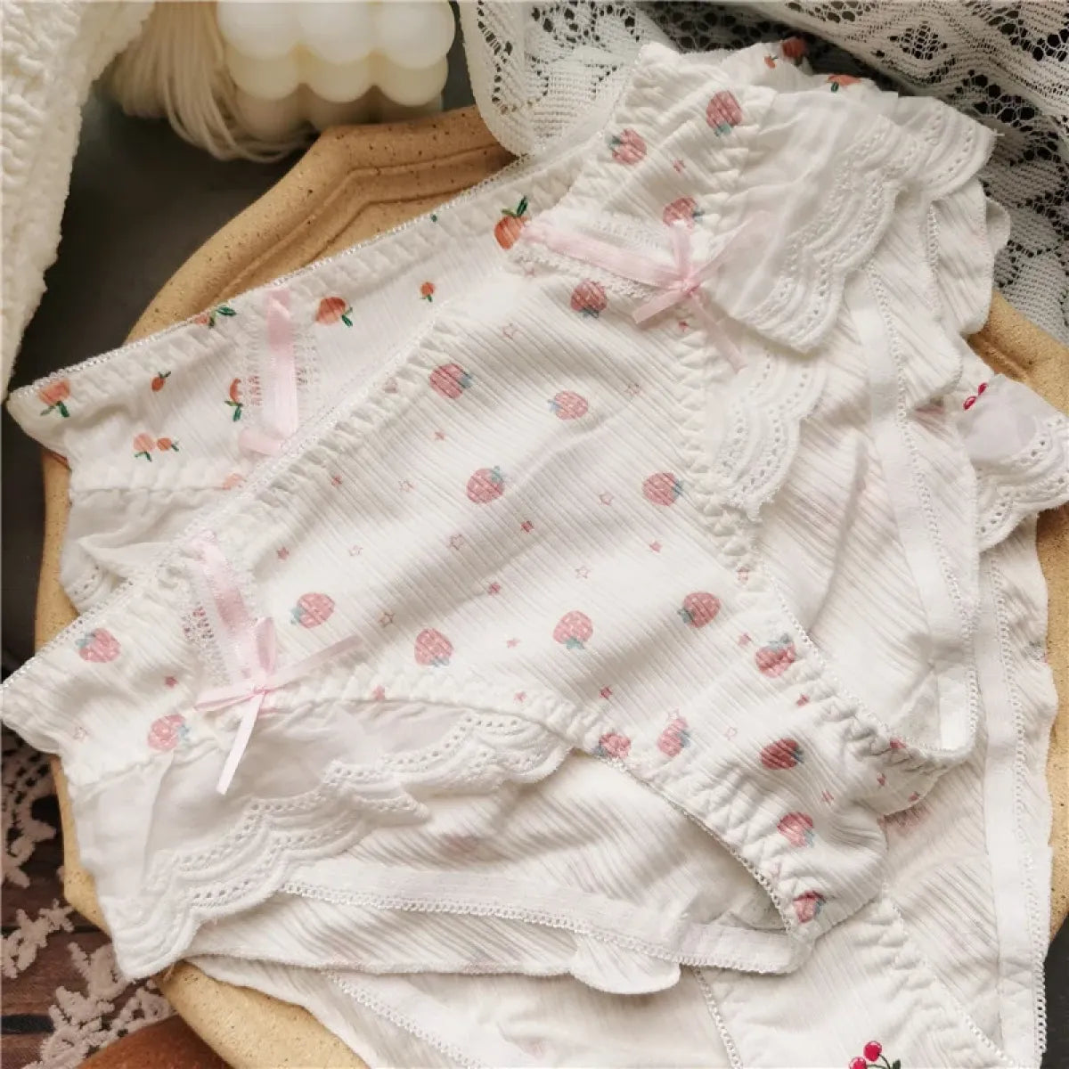 Cotton Lace Low Waist Panties with Fruit Print & Bows – Kawaii Lingerie