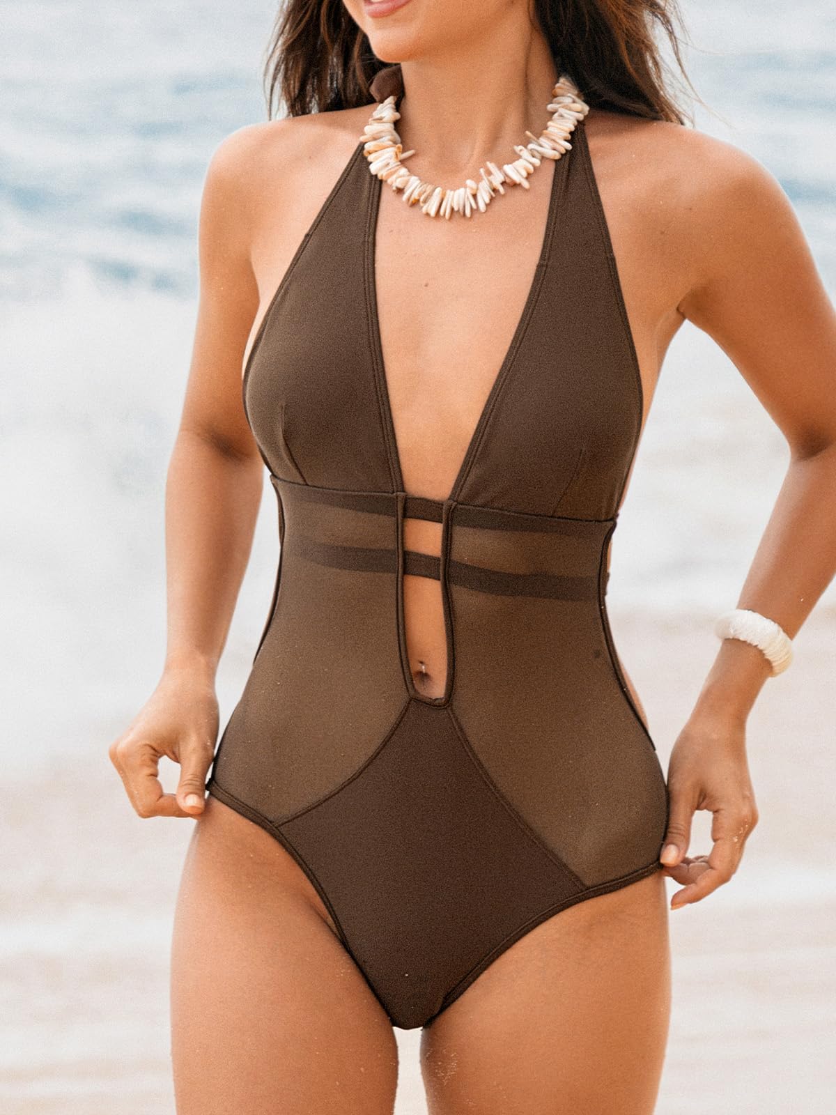 CUPSHE Women's One Piece Swimsuit Bathing Suit Deep V Neck Halter Back Tie Mesh Swimwear