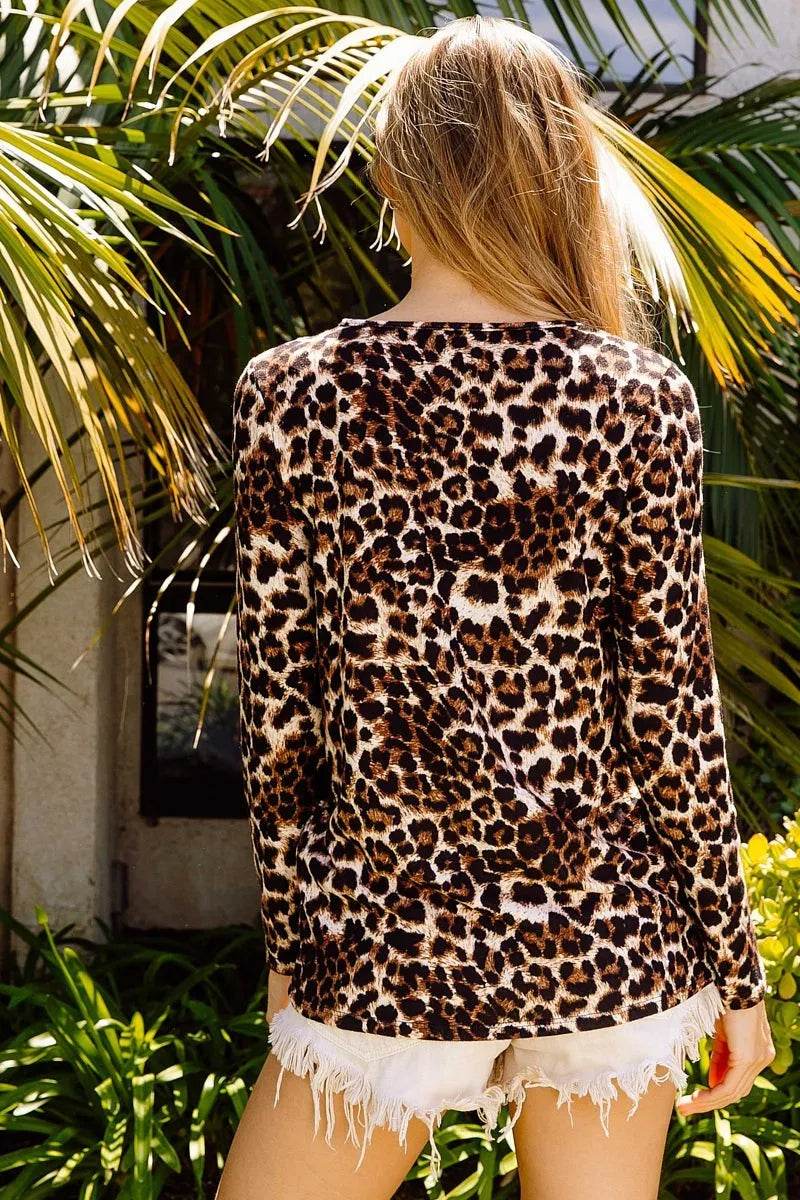 BiBi Leopard Shoulder Slit Long Sleeve Top