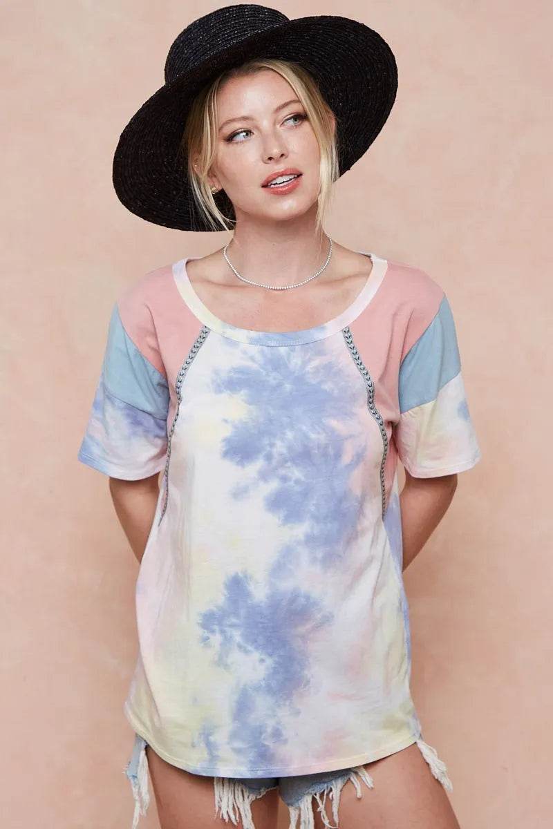 BiBi Tie Dye Printed Cotton Color Block T-Shirt