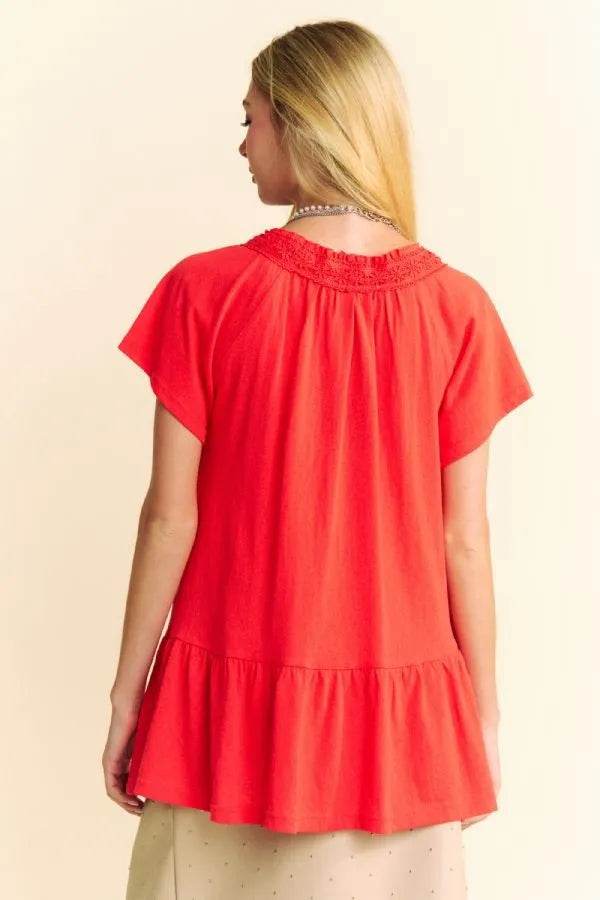 Davi & Dani Solid Lace Trim Neck Short Sleeve Peplum Top