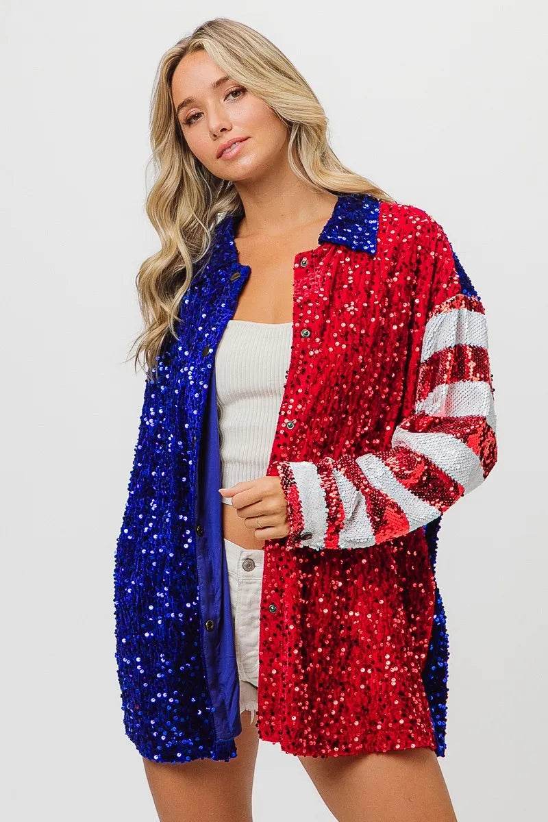 BiBi American Flag Sequin Snap Down Shirt